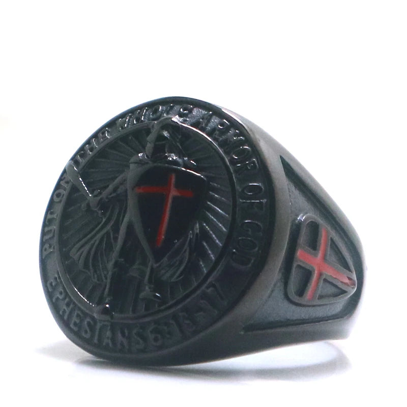 316L Stainless Steel Saint Paul Ephesians "Put On The Whole Armor Of God" Cross Knight Black Ring