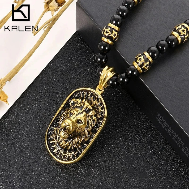 Agate Beads Chain with Lion Pendant