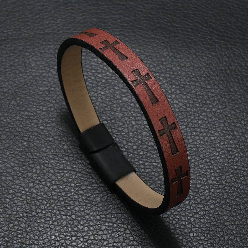 Leather Bracelet Detachable Magnet Buckle and cross detail