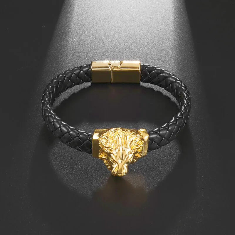 Lion Head Single Layer Handwoven Leather Bracelet