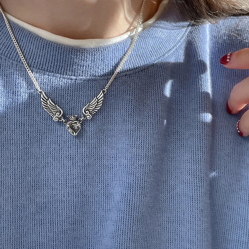 Vintage Gothic Heart Crown Angel Wings Pendant Necklace