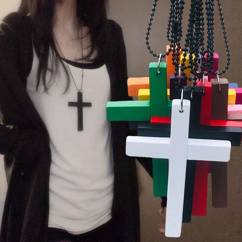 Fashion Punk Gothic Wood Cross Pendants Necklace for Women Black White Red Cross Choker Y2k Hip Hop Necklace Sweater Chain Gifts