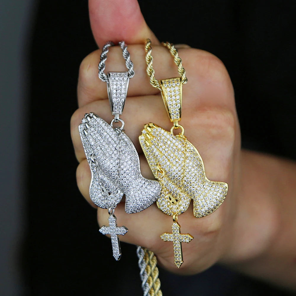 Iced Out Bling Praying Hands Cross Pendants Necklaces