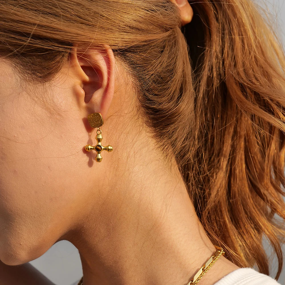 Stainless Steel 18K Gold Plated Trendy Cross NECKLACES AND EARRINGS
