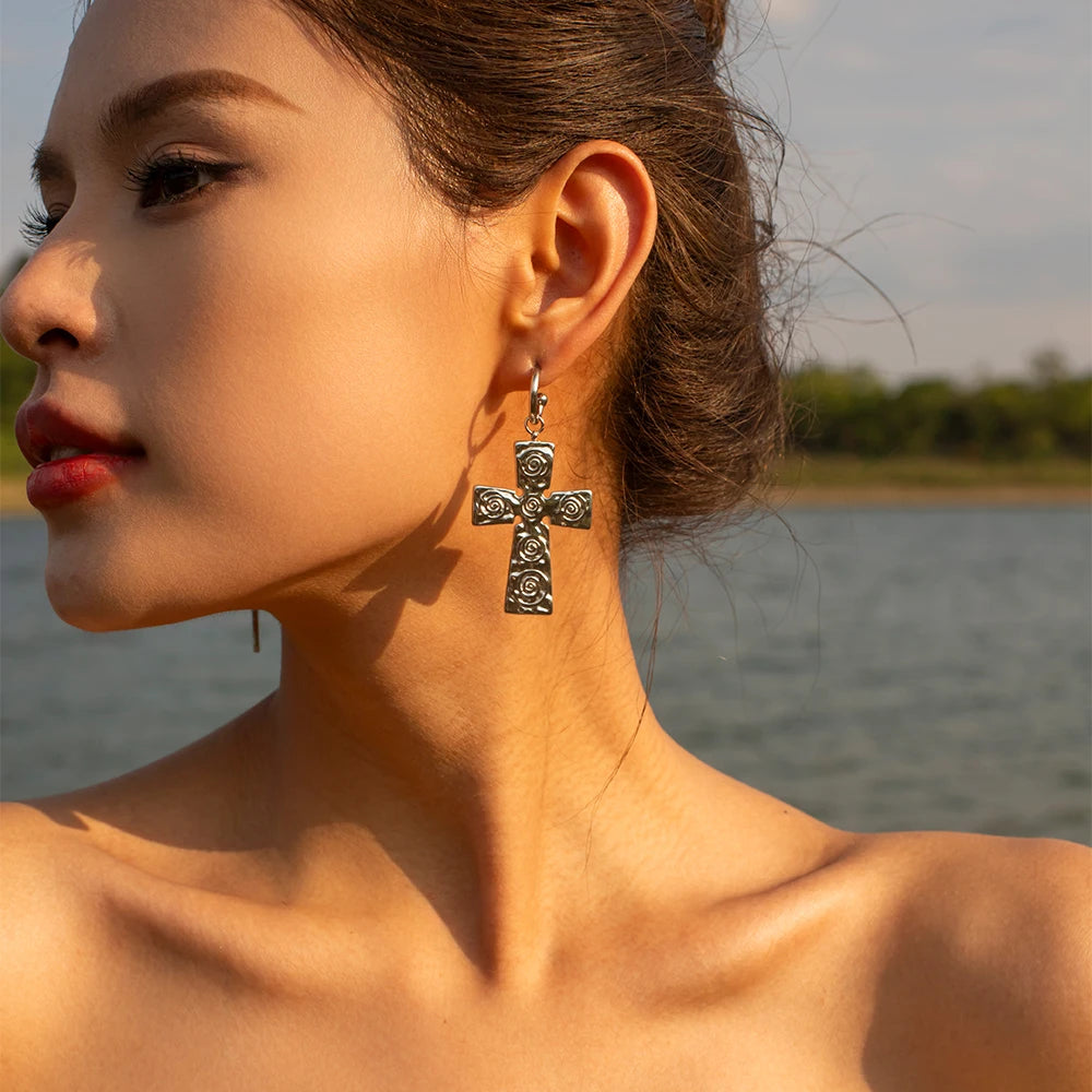 Stainless Steel 18K Gold Plated Trendy Cross NECKLACES AND EARRINGS