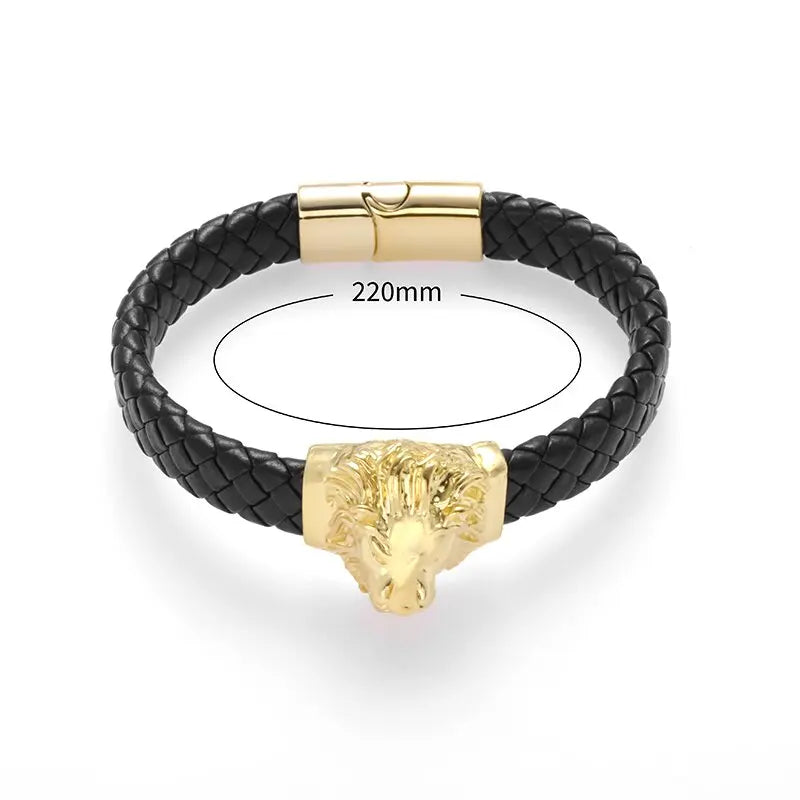 Lion Head Single Layer Handwoven Leather Bracelet