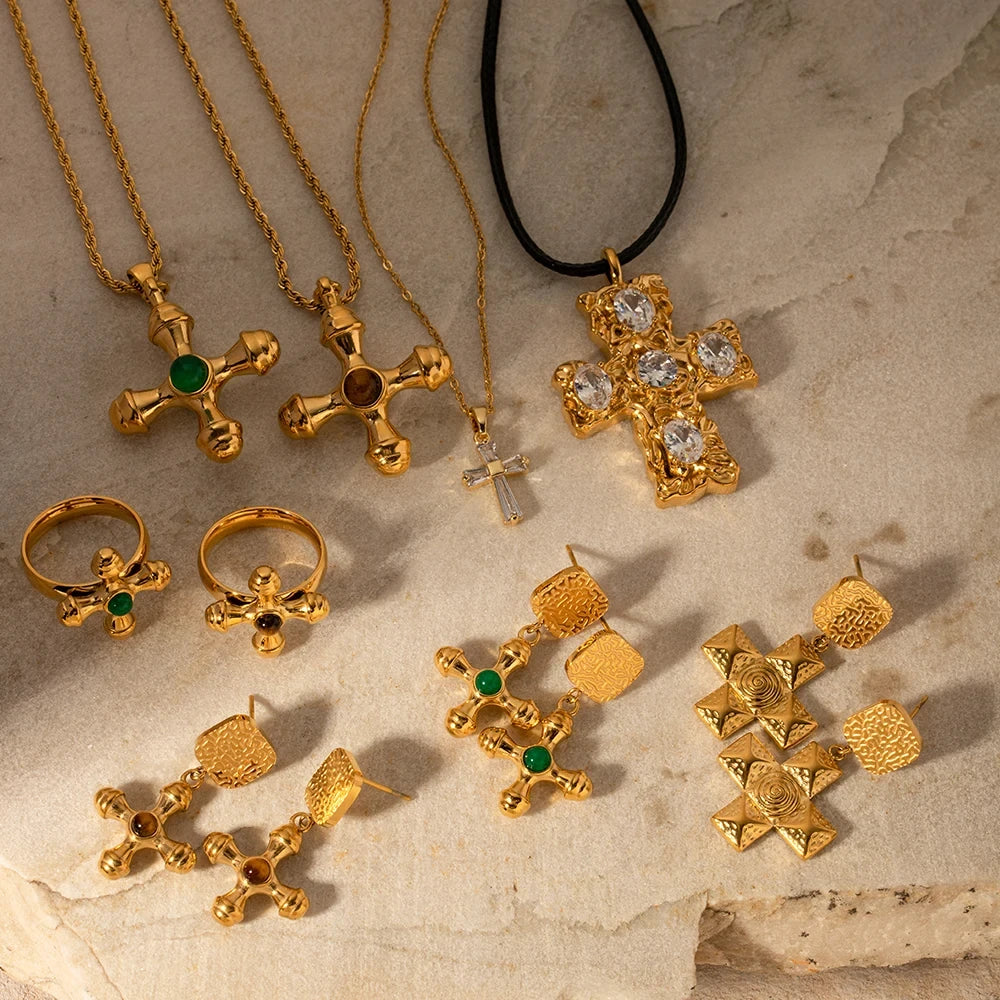 Stainless Steel 18K Gold Plated Trendy Cross NECKLACES AND EARRINGS