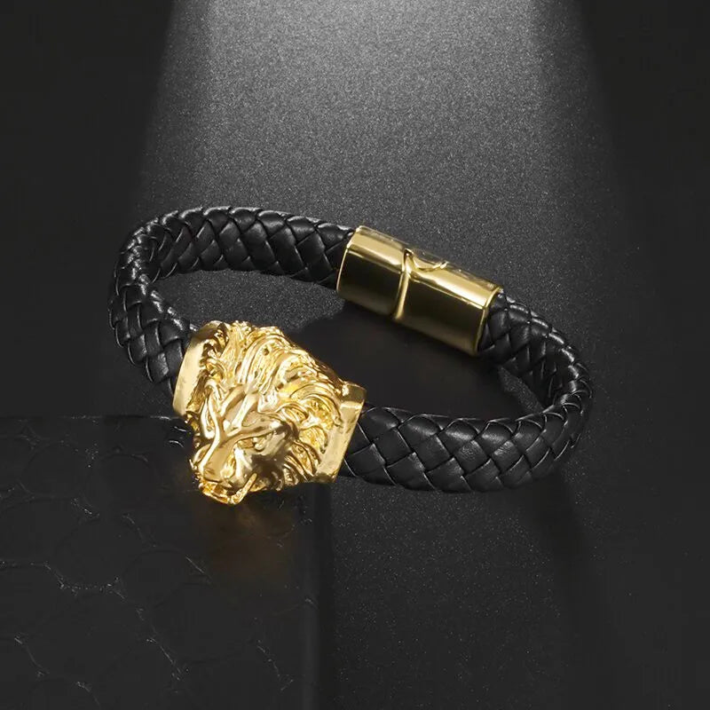 Lion Head Single Layer Handwoven Leather Bracelet