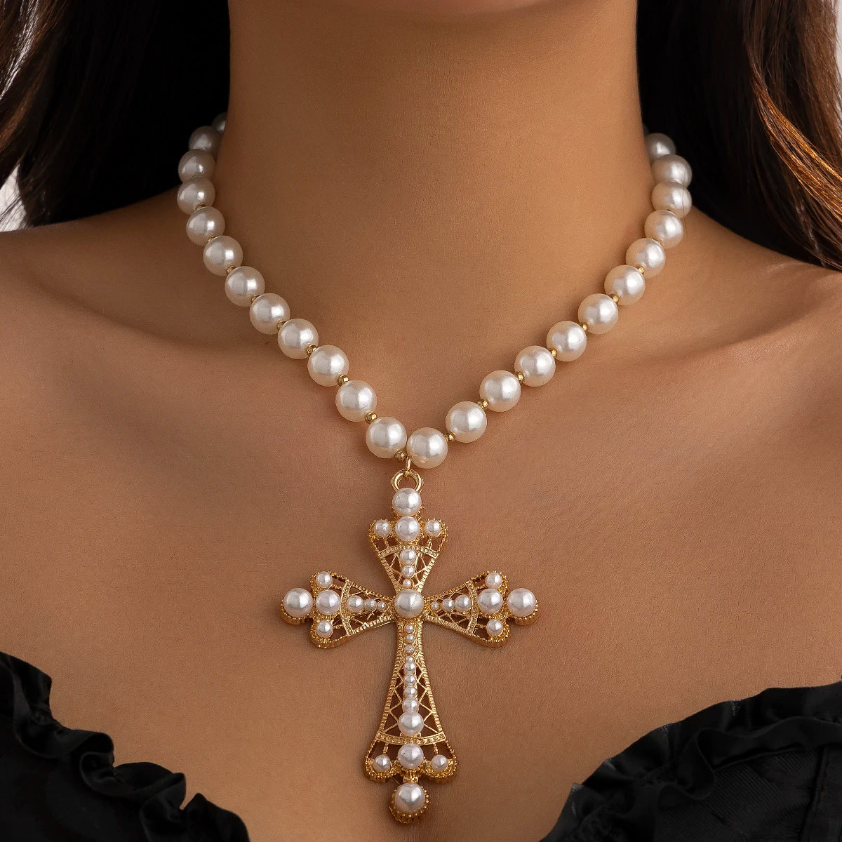 Large Cross Pendant Pearl Choker Design