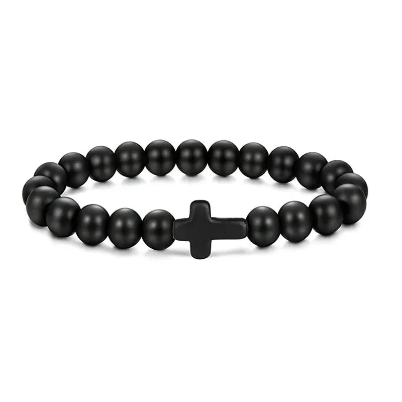 Natural Stone Wood Beads Cross Bracelet