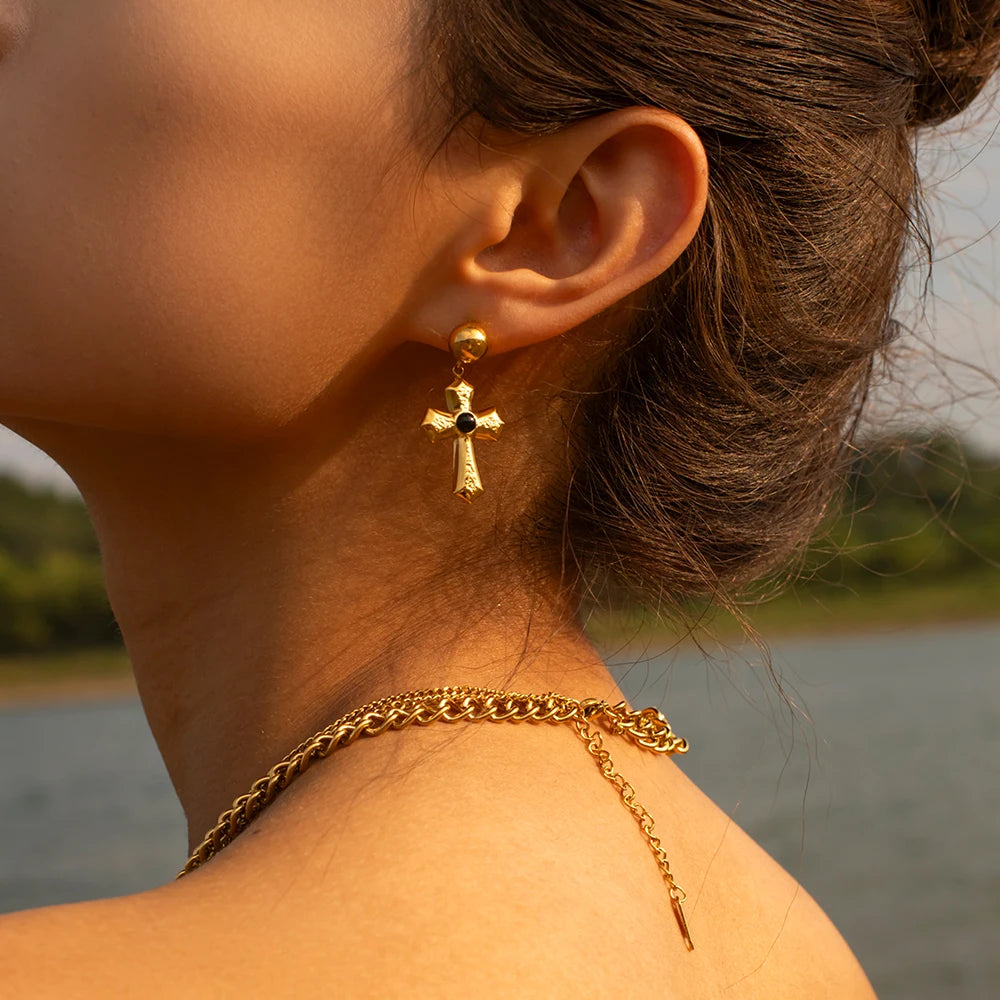 Stainless Steel 18K Gold Plated Trendy Cross NECKLACES AND EARRINGS
