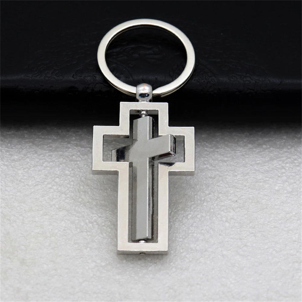 Metal Double-sided Rotating Cross Pendant Keychain