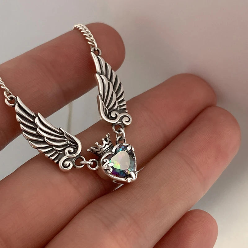 Vintage Gothic Heart Crown Angel Wings Pendant Necklace