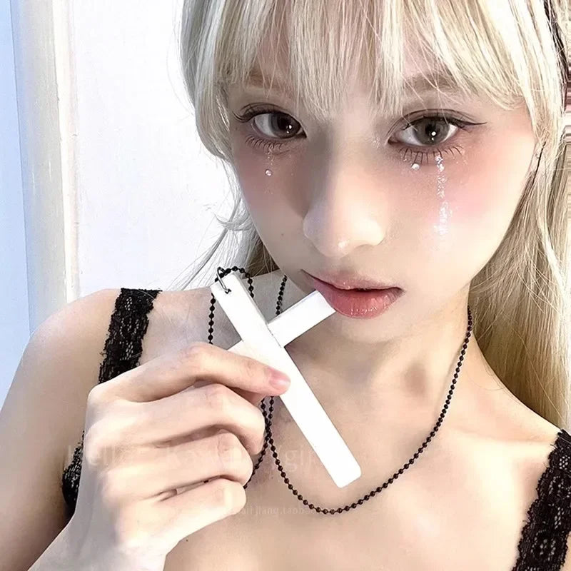 Fashion Punk Gothic Wood Cross Pendants Necklace for Women Black White Red Cross Choker Y2k Hip Hop Necklace Sweater Chain Gifts