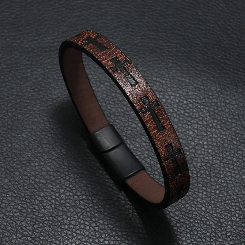 Leather Bracelet Detachable Magnet Buckle and cross detail