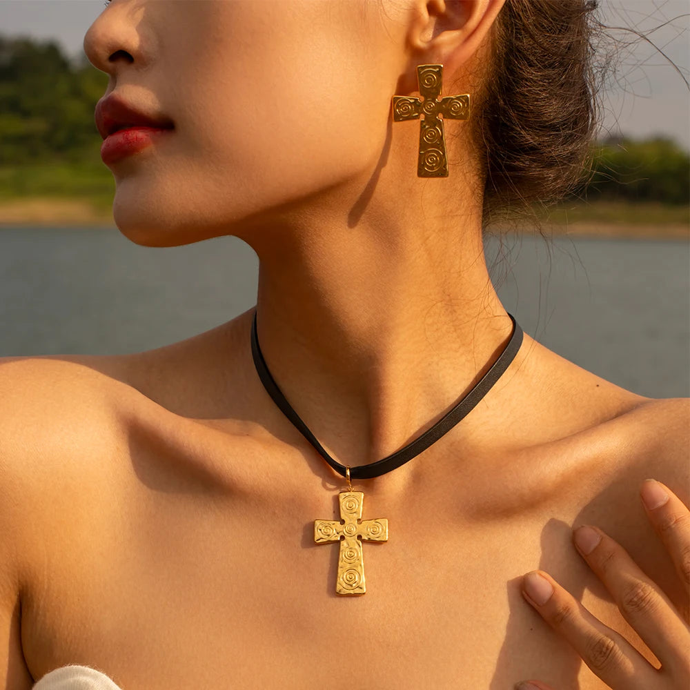 Stainless Steel 18K Gold Plated Trendy Cross NECKLACES AND EARRINGS
