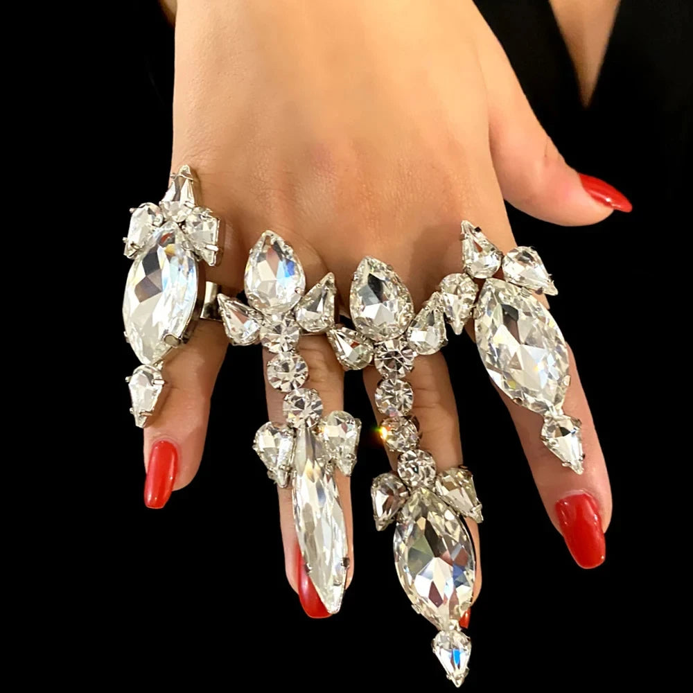 4PCS/Set Rhinestone Oversized Crystal Adjustable Cuff Rings Jewelry