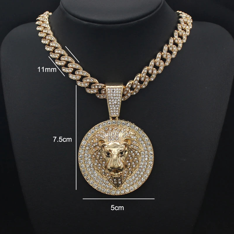 Hip Hop Big Lion Head Pendant Necklace Cuban Chain