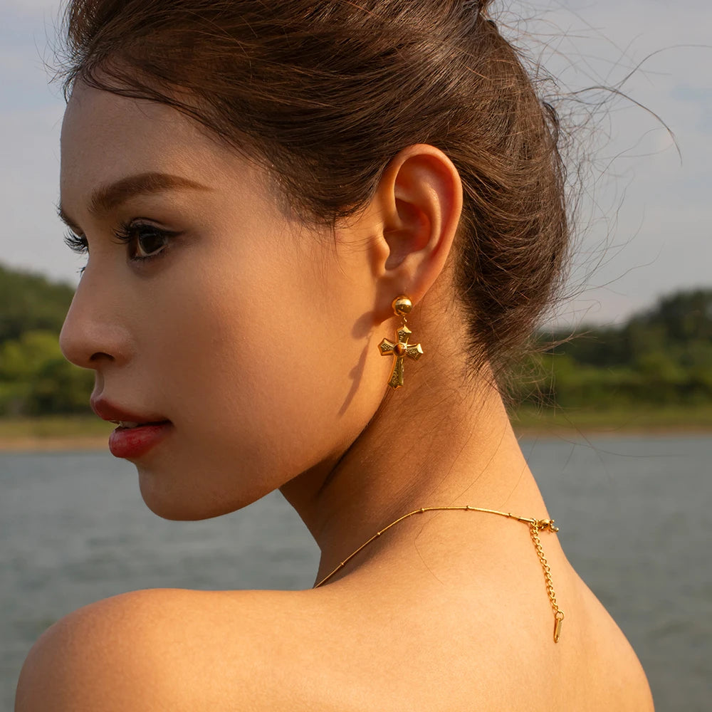 Stainless Steel 18K Gold Plated Trendy Cross NECKLACES AND EARRINGS