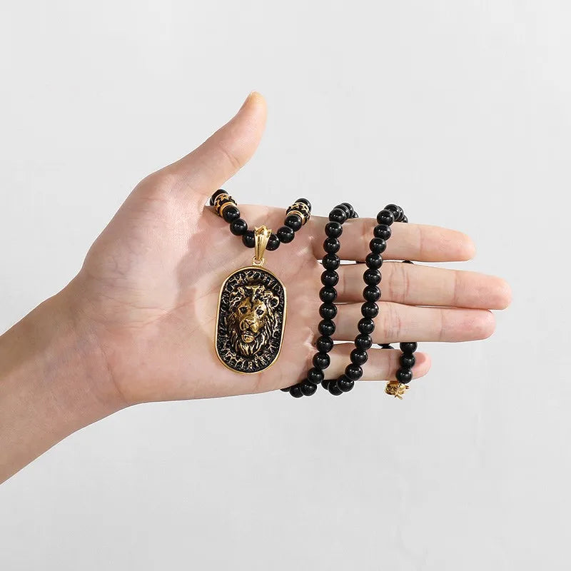 Agate Beads Chain with Lion Pendant