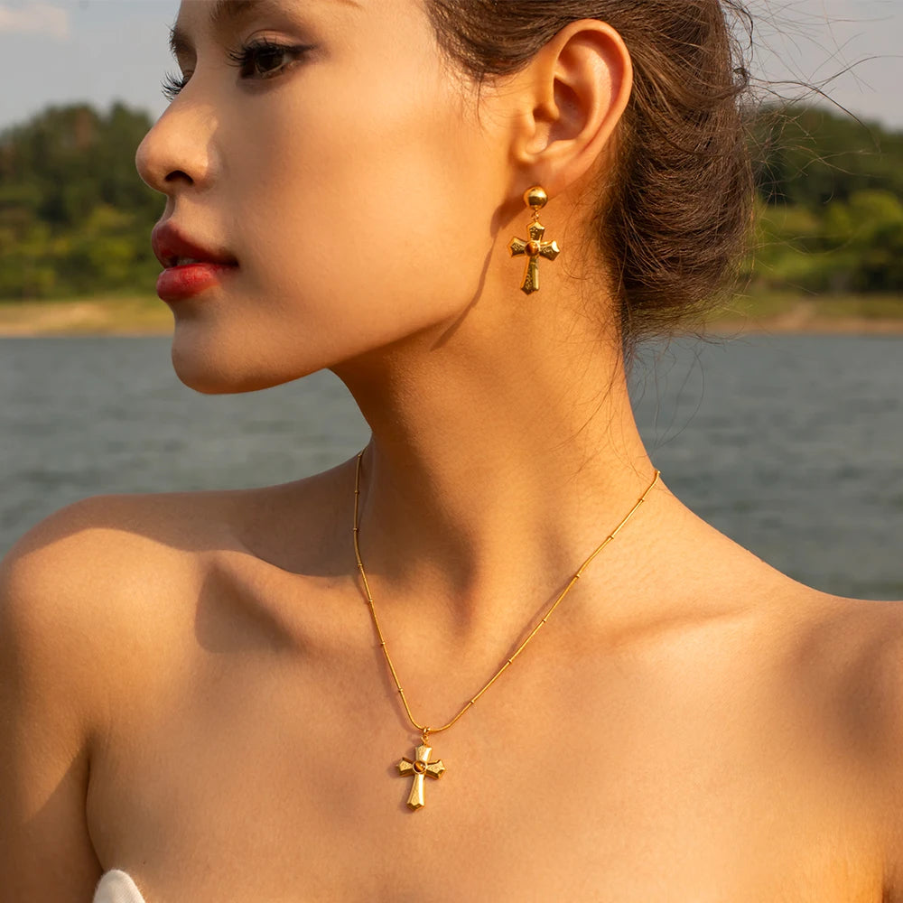 Stainless Steel 18K Gold Plated Trendy Cross NECKLACES AND EARRINGS