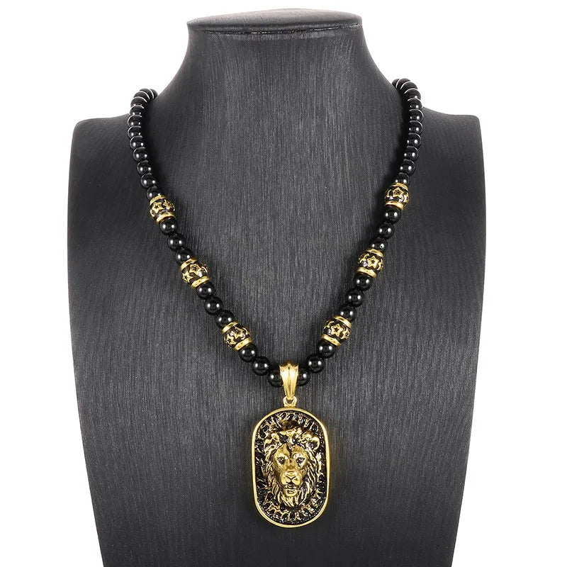 Agate Beads Chain with Lion Pendant