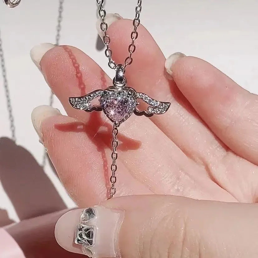 Vintage Gothic Heart Crown Angel Wings Pendant Necklace
