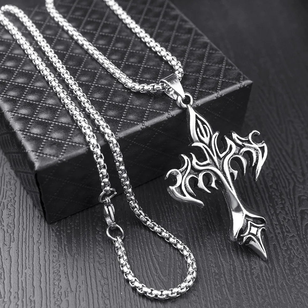 Stainless Steel Necklace Flame Retro Cross Titanium Steel