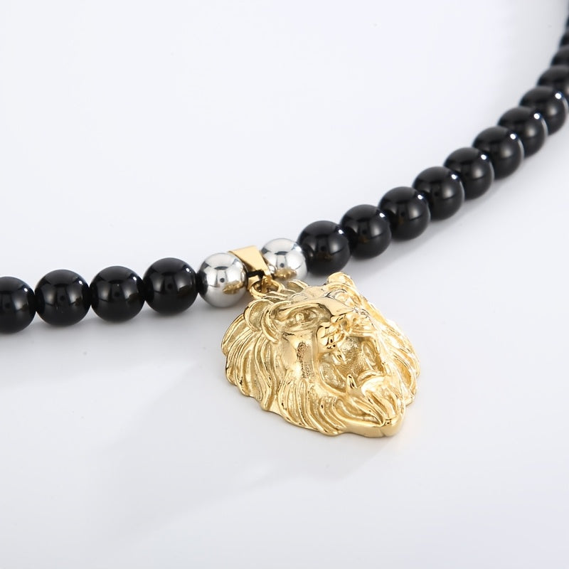 Lion Head Pendant Necklace with 8mm Black Agate Beads - Stainless Steel, 18K Golden Plated