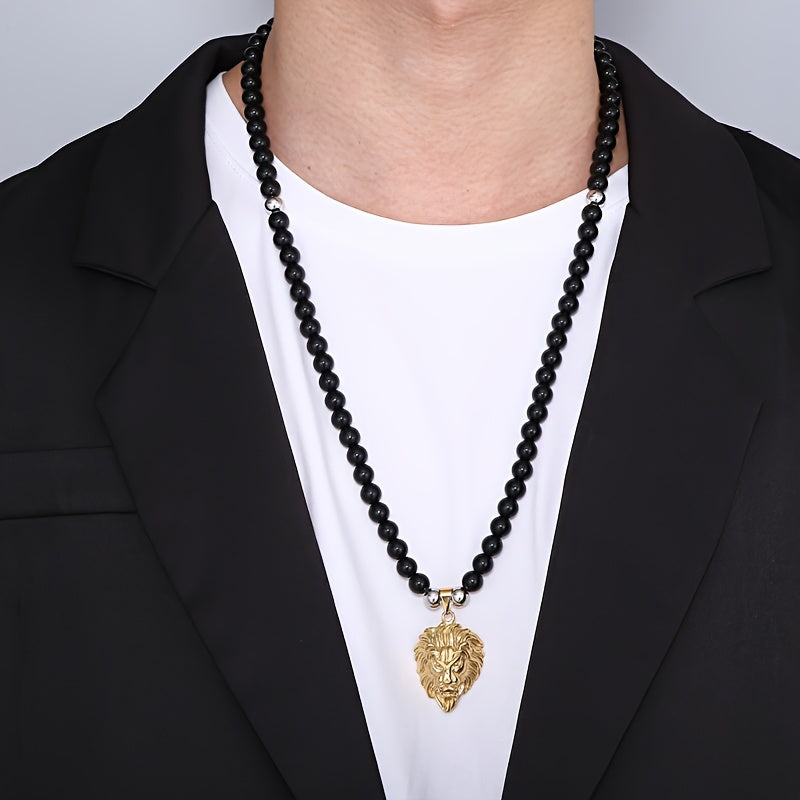 Lion Head Pendant Necklace with 8mm Black Agate Beads - Stainless Steel, 18K Golden Plated
