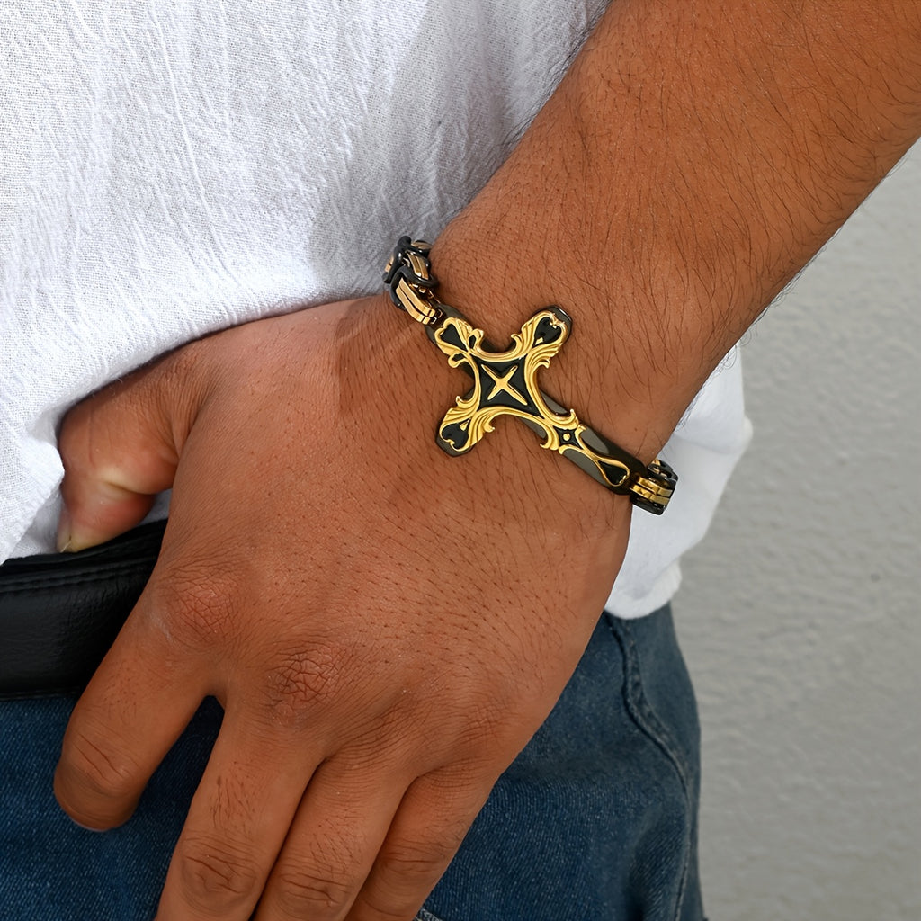 Beautifully Carved Stainless Steel Cross 8 Thick Cuban Chain Bracelet