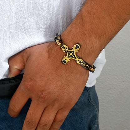 Beautifully Carved Stainless Steel Cross 8 Thick Cuban Chain Bracelet