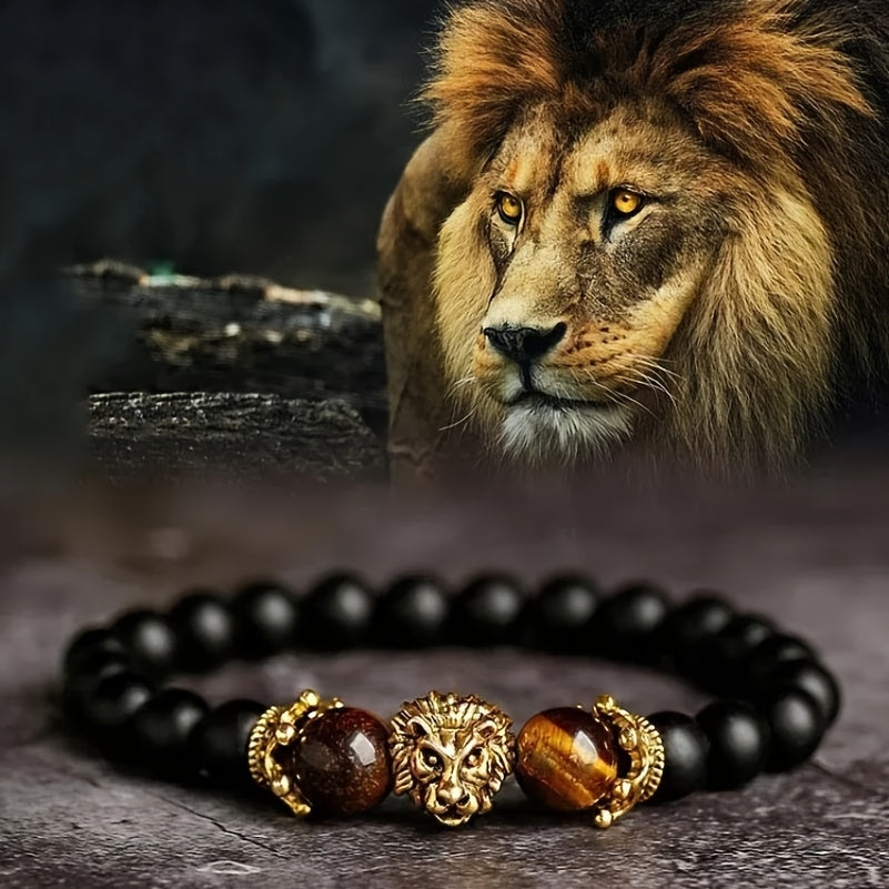 1pc Natural Yellow Tiger Eye Black Round Bead Elastic Bracelet