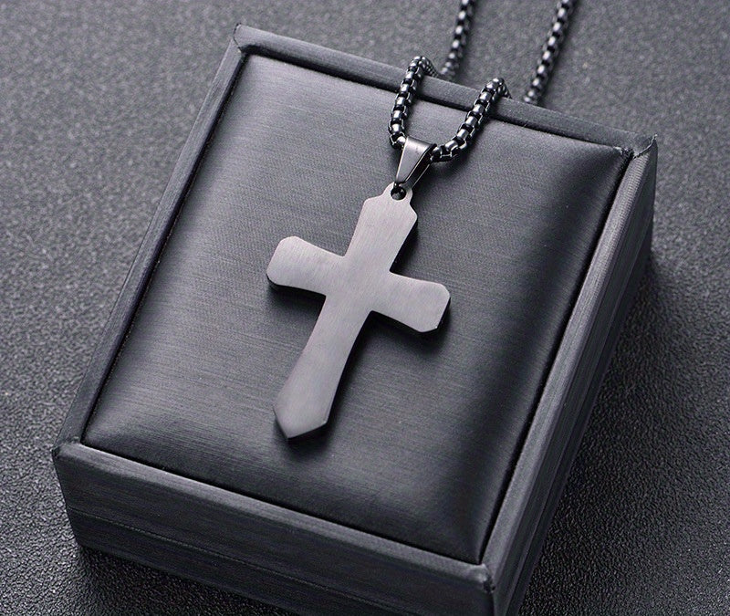 Stainless Steel Cross Pendant Necklace with Corroded Flame Design