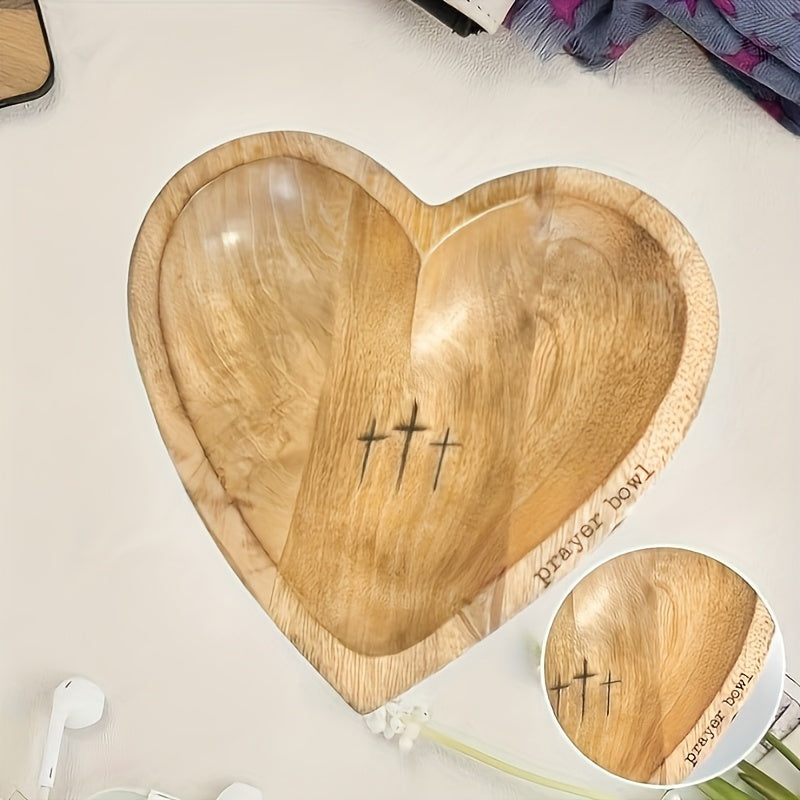 Wooden Prayer Bowl Heart-Shaped With Engraved Cross & "Prayer" Text