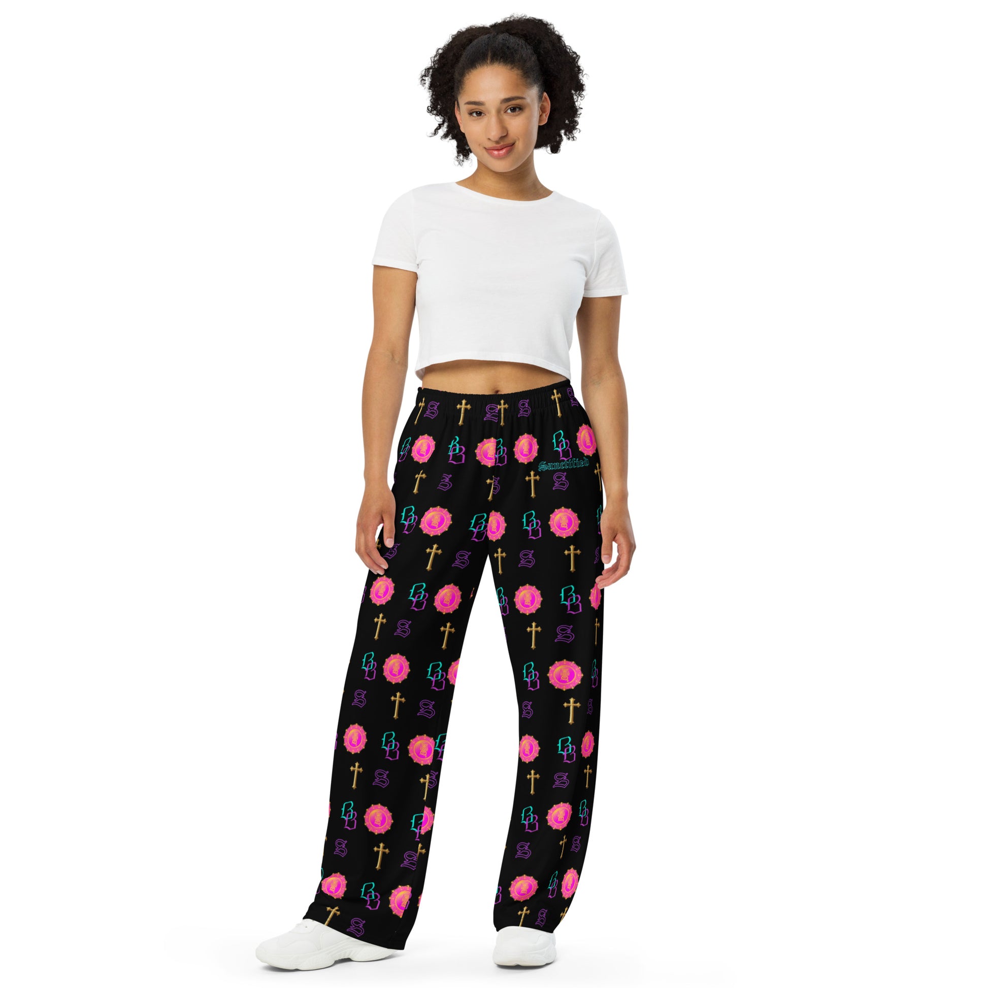 SANCTIFIED SIGNATURE- All-over print unisex wide-leg pants, FREE SHIPPING