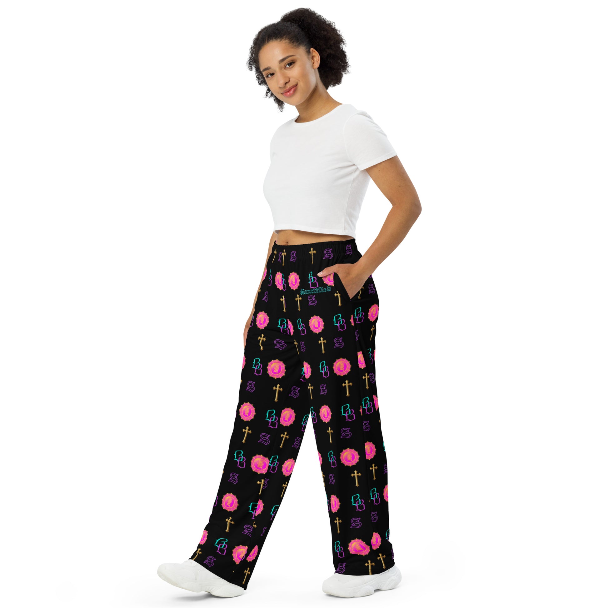 SANCTIFIED SIGNATURE- All-over print unisex wide-leg pants, FREE SHIPPING