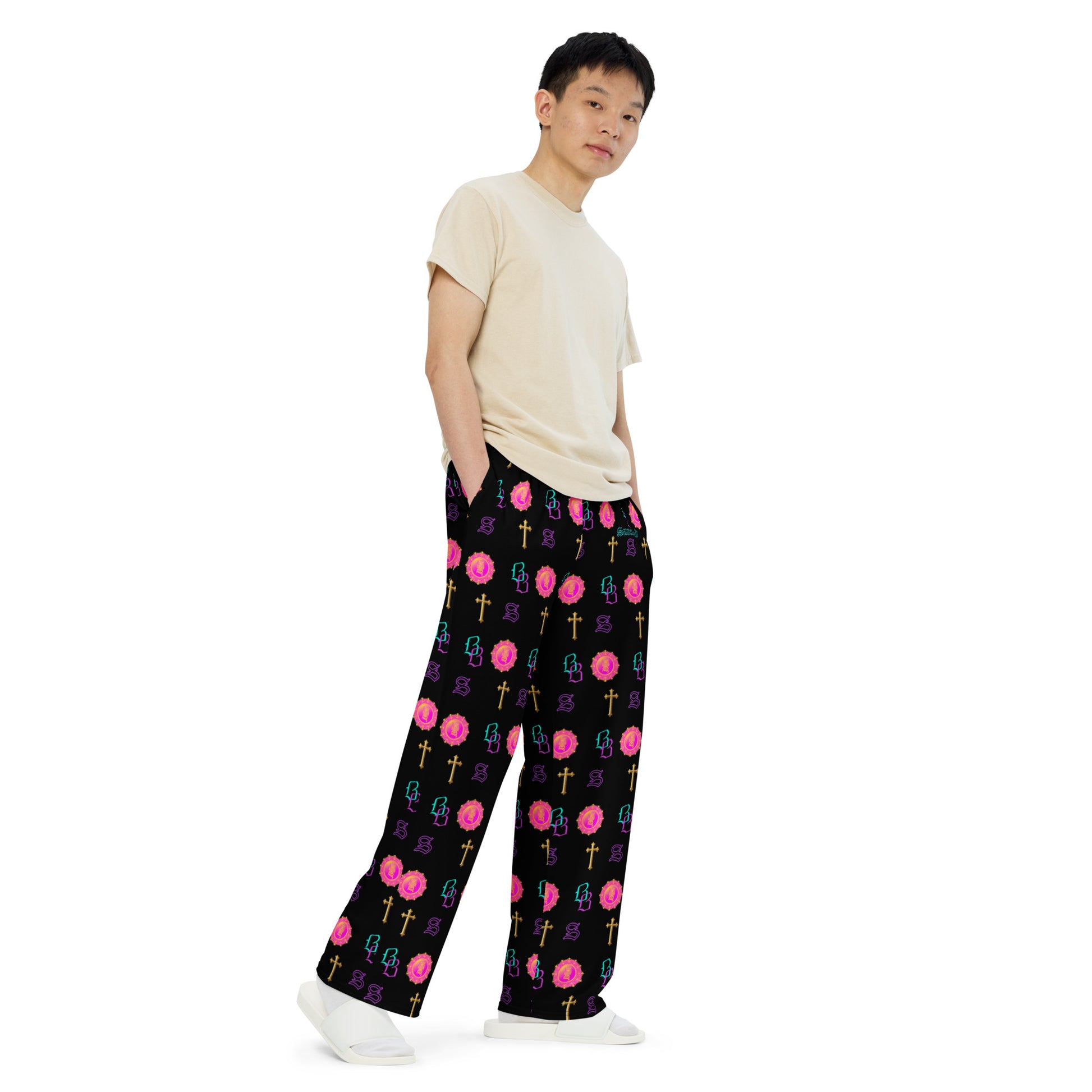 SANCTIFIED SIGNATURE- All-over print unisex wide-leg pants, FREE SHIPPING