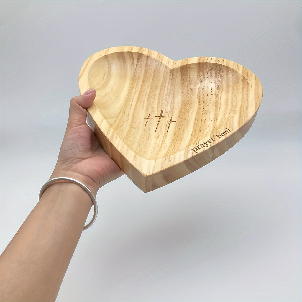 Wooden Prayer Bowl Heart-Shaped With Engraved Cross & "Prayer" Text