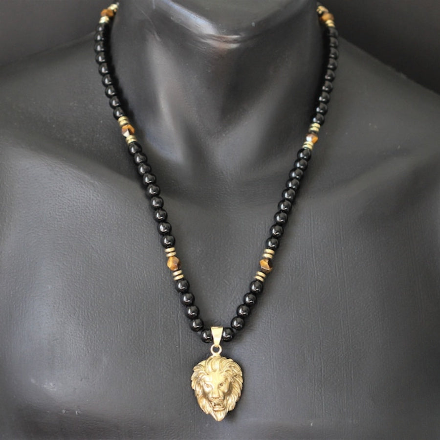 [Tiger Eye Lion Pendant] Natural Tiger Eye & Black Onyx Beads Fashion Lion Pendant Necklace