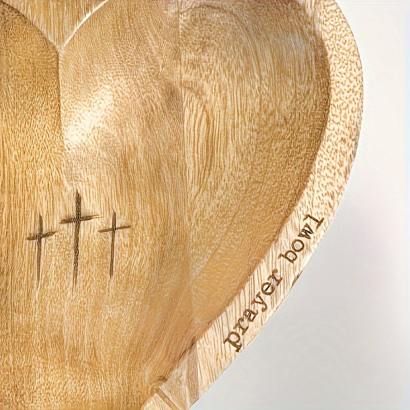 Wooden Prayer Bowl Heart-Shaped With Engraved Cross & "Prayer" Text