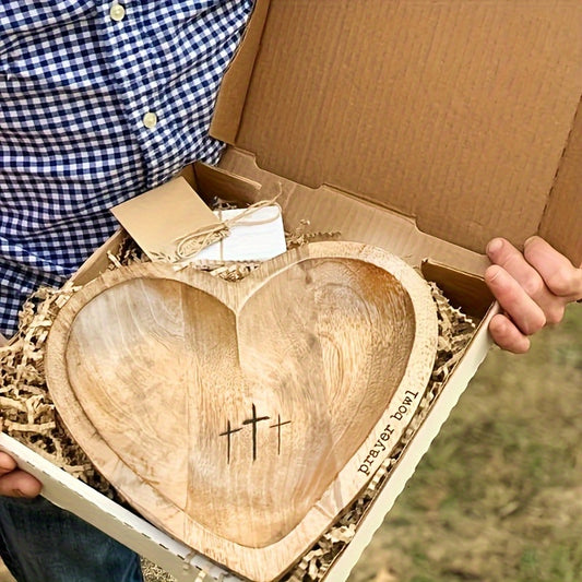 Wooden Prayer Bowl Heart-Shaped With Engraved Cross & "Prayer" Text