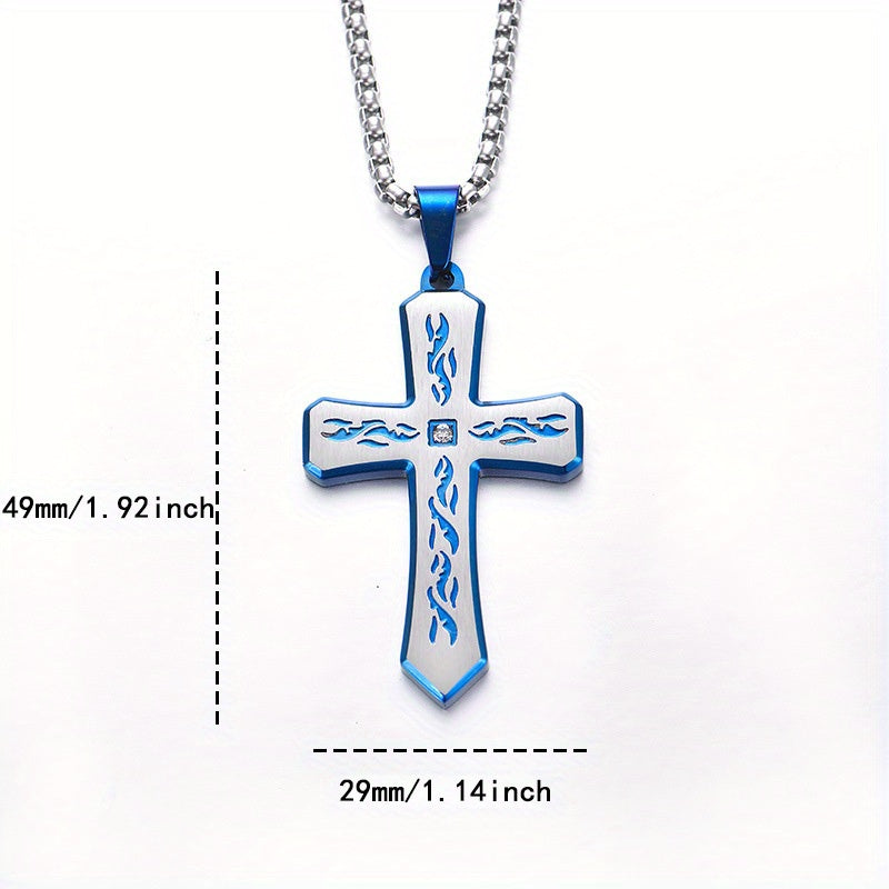 Stainless Steel Cross Pendant Necklace with Corroded Flame Design