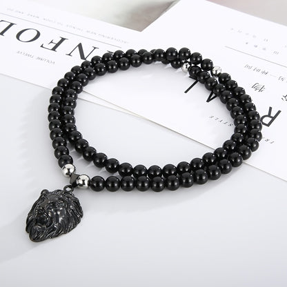 Lion Head Pendant Necklace with 8mm Black Agate Beads - Stainless Steel, 18K Golden Plated