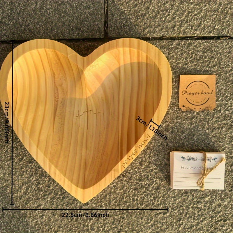 Wooden Prayer Bowl Heart-Shaped With Engraved Cross & "Prayer" Text