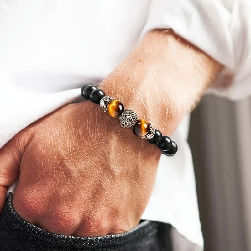 1pc Natural Yellow Tiger Eye Black Round Bead Elastic Bracelet