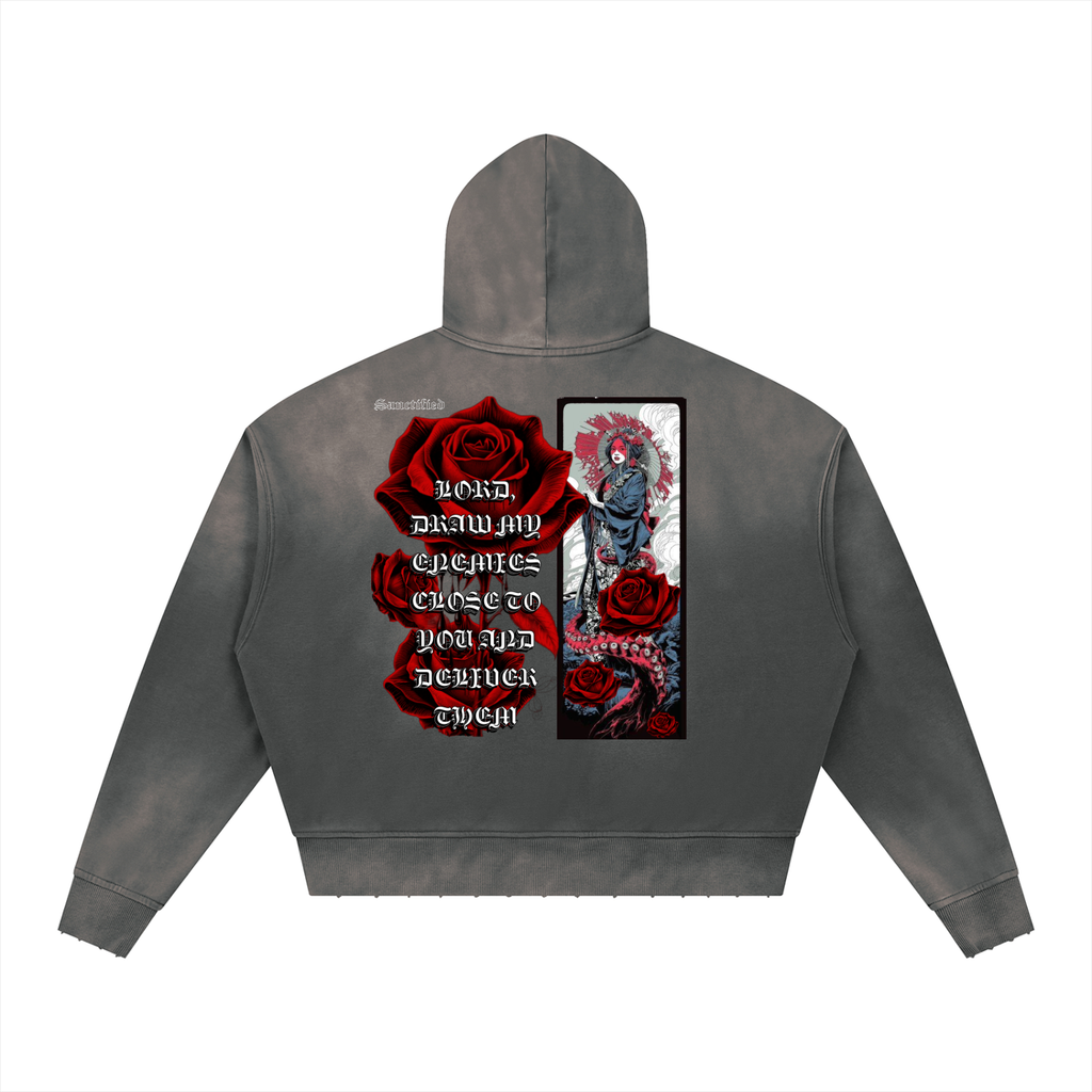 PRAY FOR YOUR ENEMIES- Unisex Sunfade Distressed Boxy Hoodie
