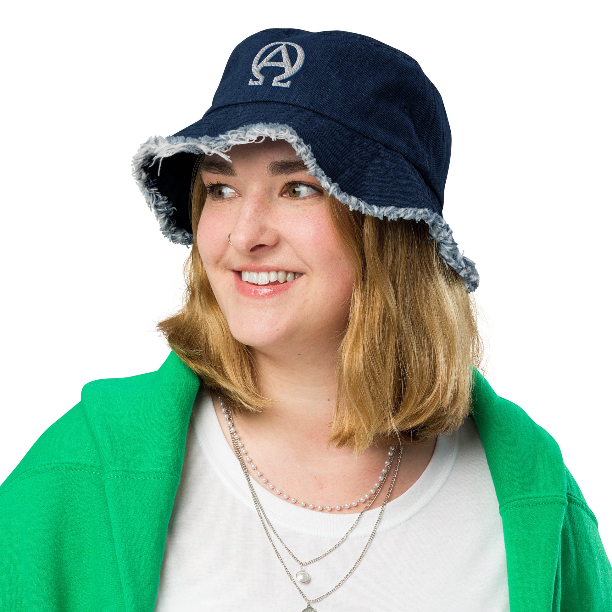 Alpha and Omega- Distressed denim bucket hat