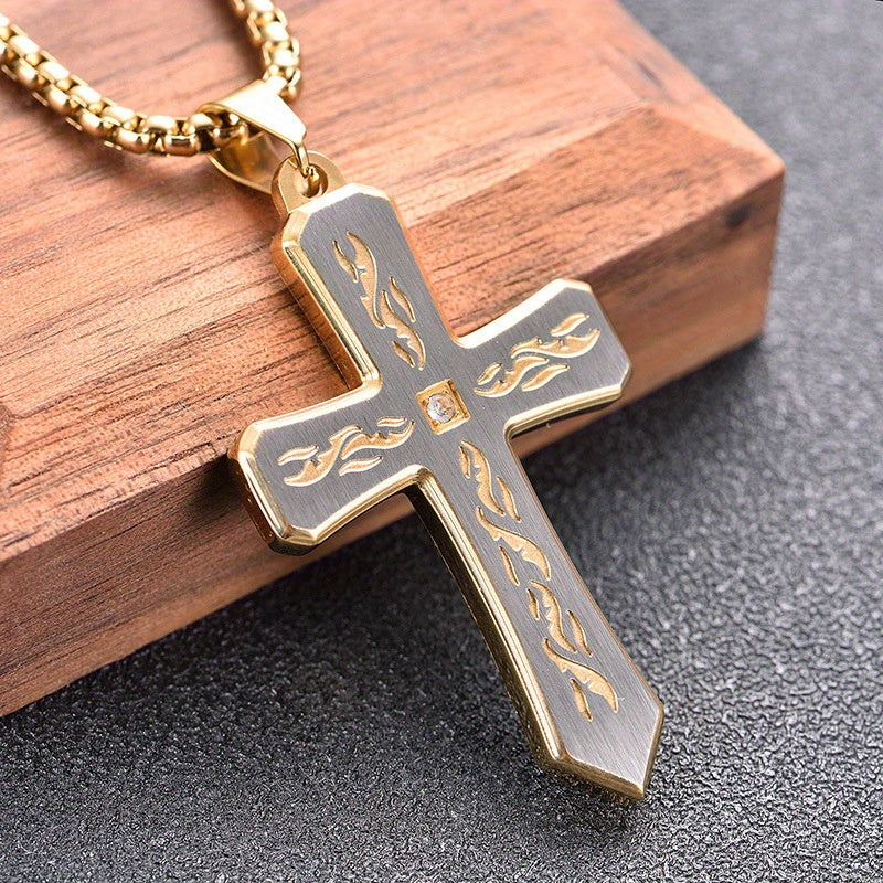 Stainless Steel Cross Pendant Necklace with Corroded Flame Design