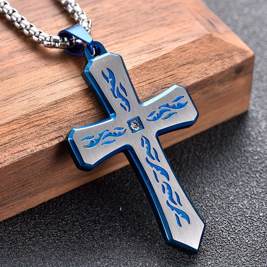 Stainless Steel Cross Pendant Necklace with Corroded Flame Design